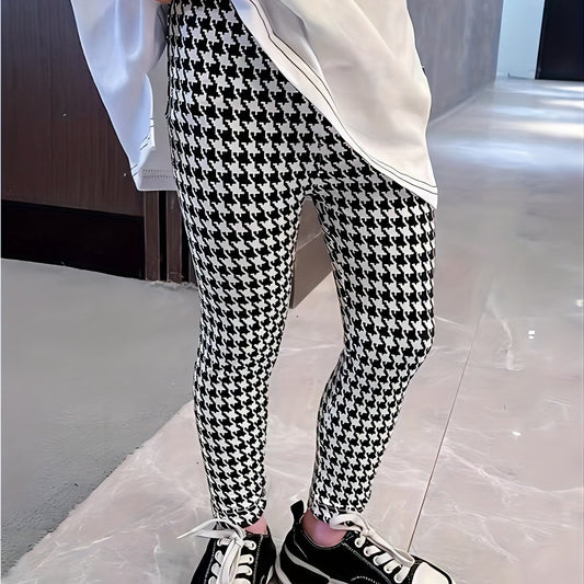 Girls Stretchy Houndstooth Leggings Elastic Waist Slim Fit Pants