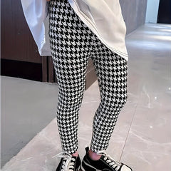 Girls Stretchy Houndstooth Leggings Elastic Waist Slim Fit Pants