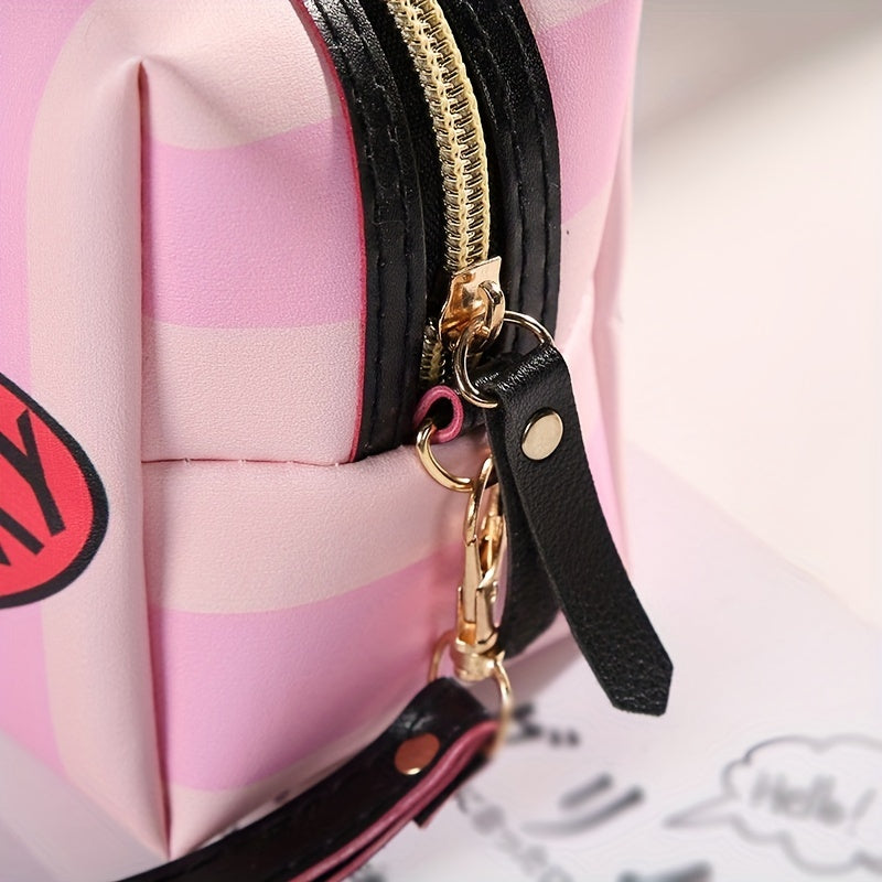 Heart & Striped Makeup Bag Lip Graphic Cosmetic Pouch Travel Toiletry Storage