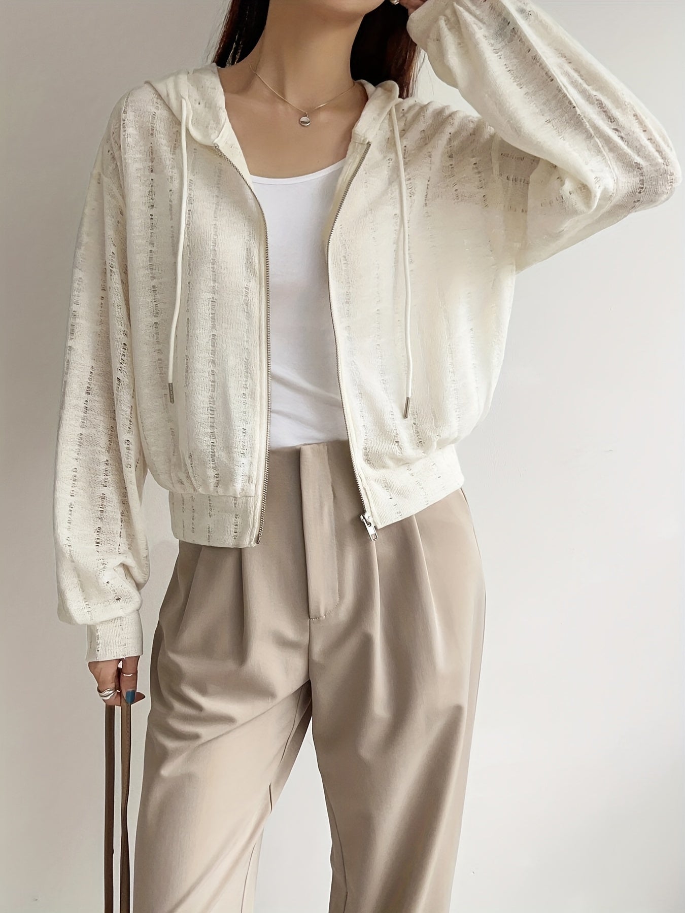 Drawstring Zipper Ripped Hoodie Long Sleeve Outwear