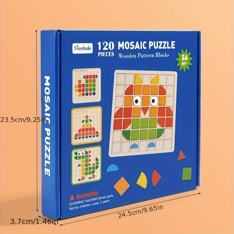 120pc Wooden 3D Mosaic Puzzle Kids Brain Teaser Building Blocks Learning Toy