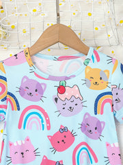 Girls Cats & Rainbows Straight T Shirt Dress Lounge Vacation Casual