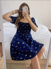 Butterfly Print Puff Sleeve Dress Square Neck Shirred
