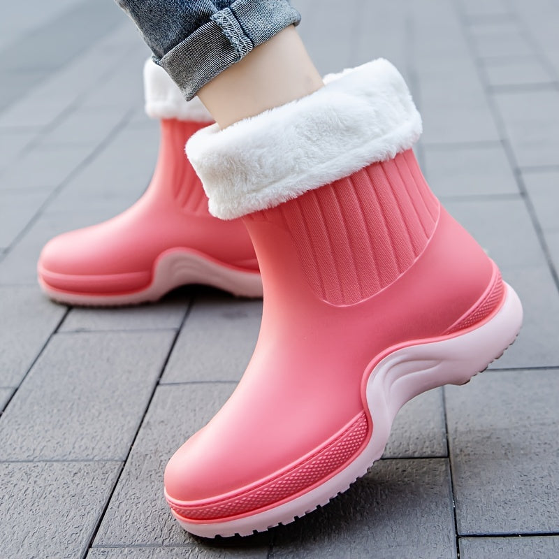 Women's Plush Lined Ankle Rain Boots Waterproof Non-slip Shoes