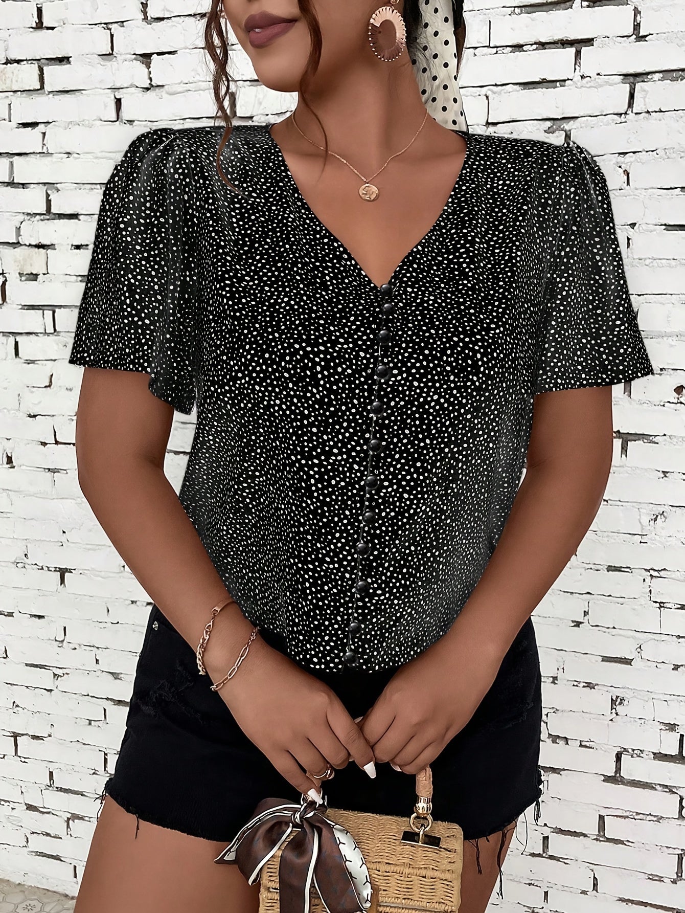 Dot Print Button Up Short Sleeve V Neck Top