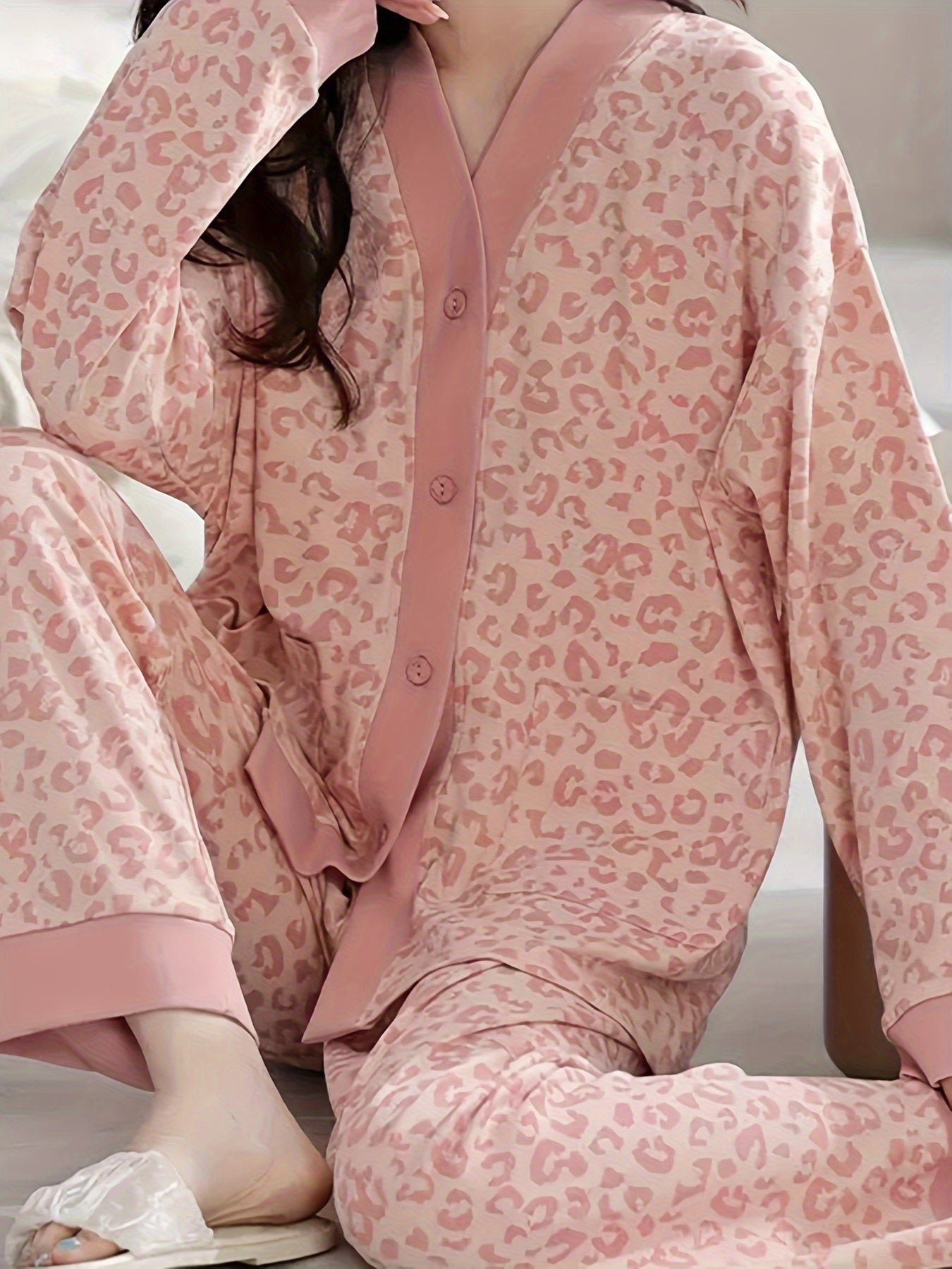 Leopard Print Pajama Set Long Sleeve Top & Pants