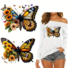 2pcs Butterfly & Flower Iron on Stickers Colourful Heat Transfer DIY T shirts