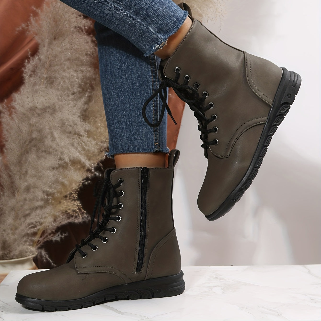 Women's Combat Boots Lace Up Side Zipper Ankle Boots