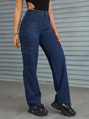 Cargo Pants Washed Loose Fit High Waist Straight Jeans Women's Denim Jeans