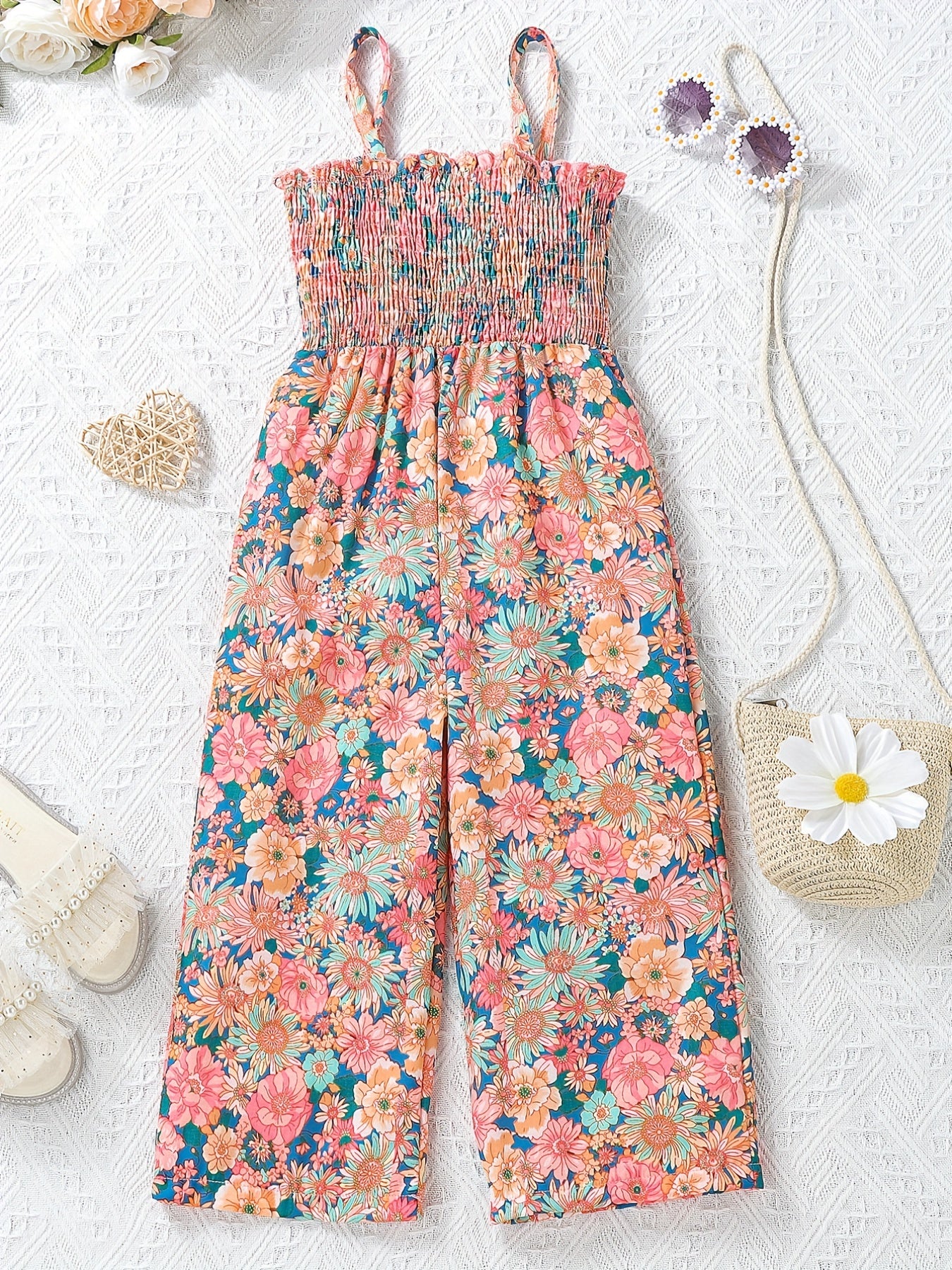 Girls Boho Flower Print Shirred Cami Jumpsuit For Party
