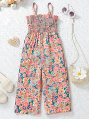 Girls Boho Flower Print Shirred Cami Jumpsuit For Party