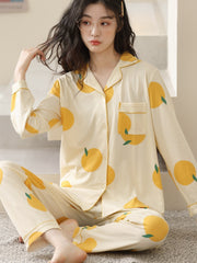 Fruit Print Pajama Set Long Sleeve Top & Pants Women's Loungewear