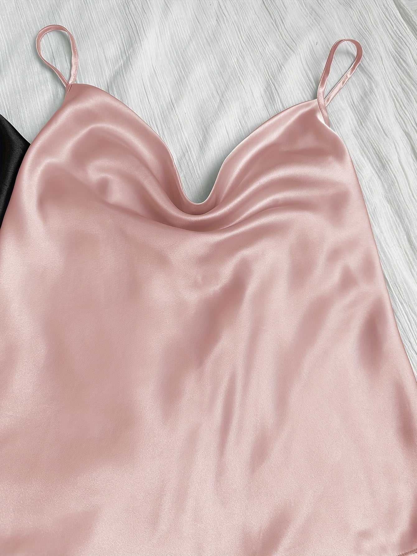 Solid Satin Pajama Set Draped Collar Cami Top & Shorts