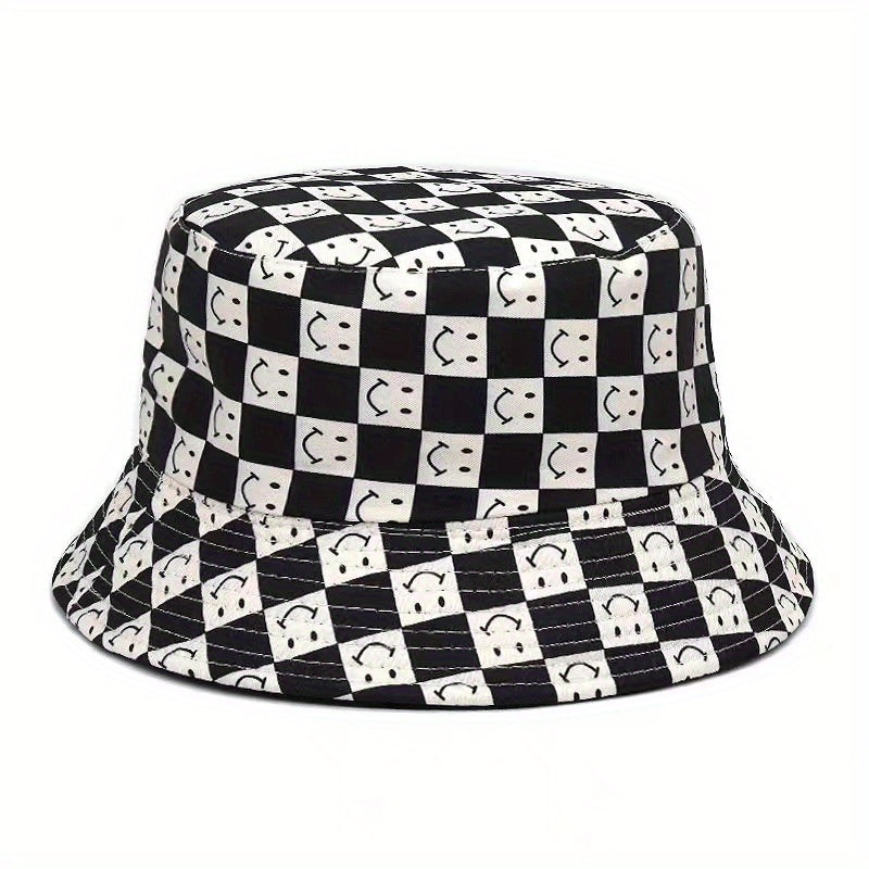 Double Sided Checkerboard Fisherman Hat Plaid Happy Fac