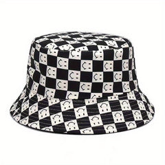 Double Sided Checkerboard Fisherman Hat Plaid Happy Fac