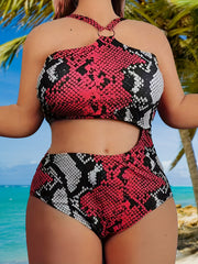 Sexy Snake Print Hollow Out One Piece Swimsuit