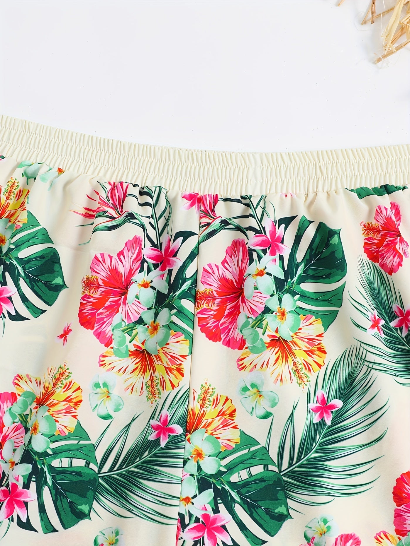 Tropical Print Lace Trim Elastic High Rise Shorts