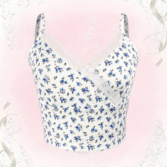 Floral Lace Trim Spaghetti Strap Crop Top V Neck Sleeveless Summer Casual