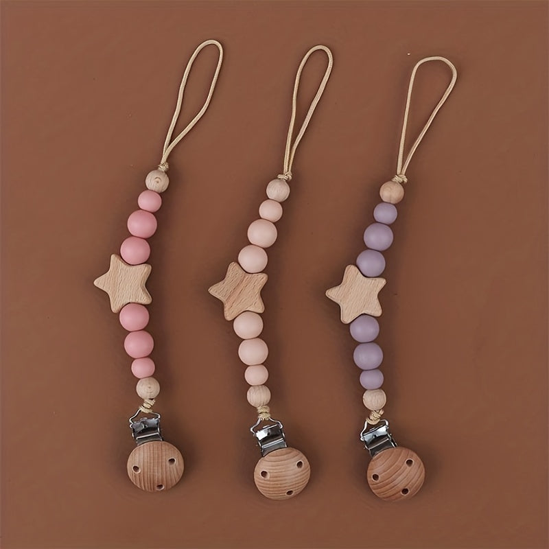 Wooden Pentagram Baby Pacifier Chain for Teething Babies