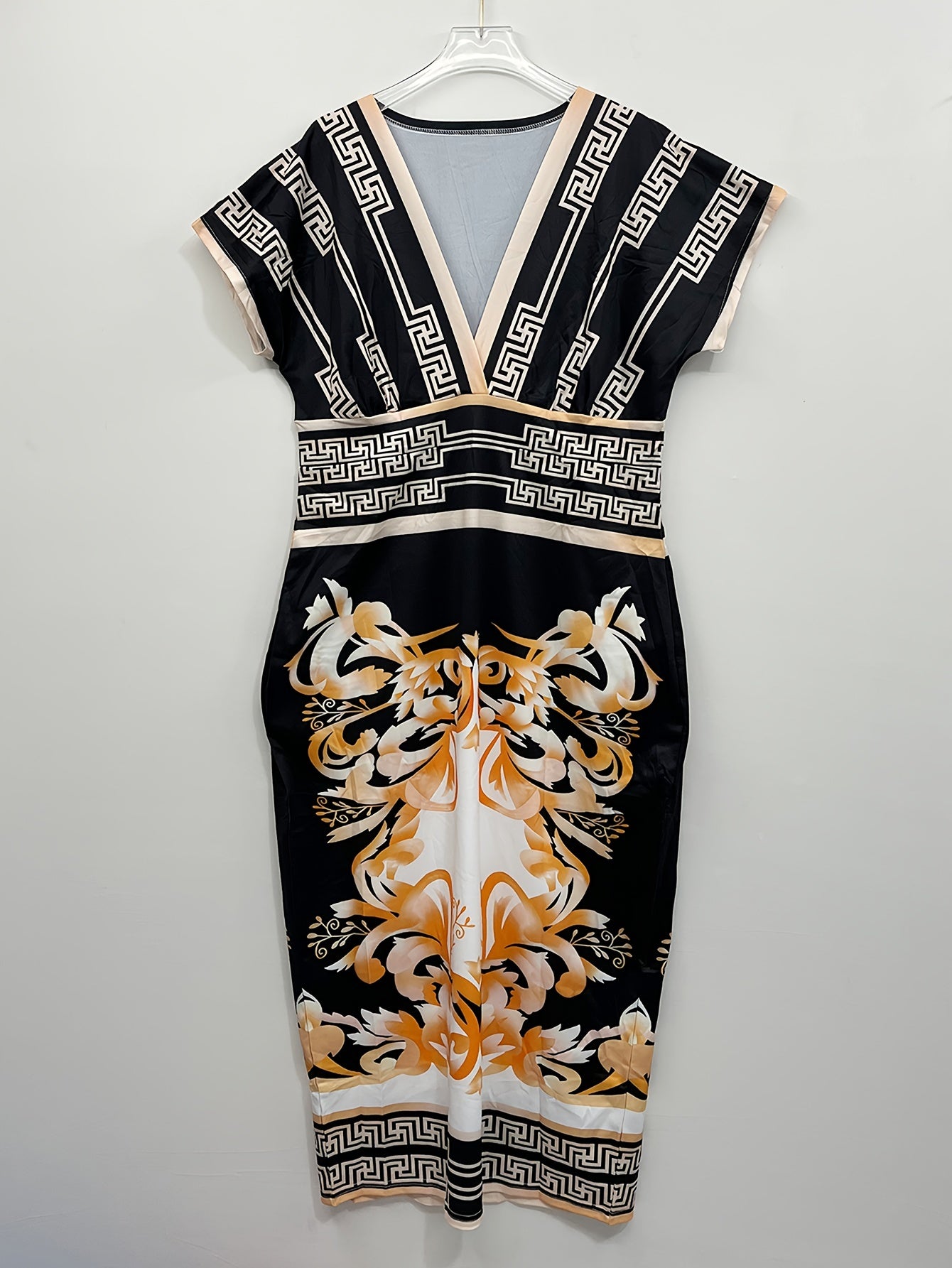 Geo & Baroque Print Batwing Sleeve V Neck Maxi Dress