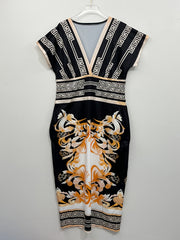 Geo & Baroque Print Batwing Sleeve V Neck Maxi Dress