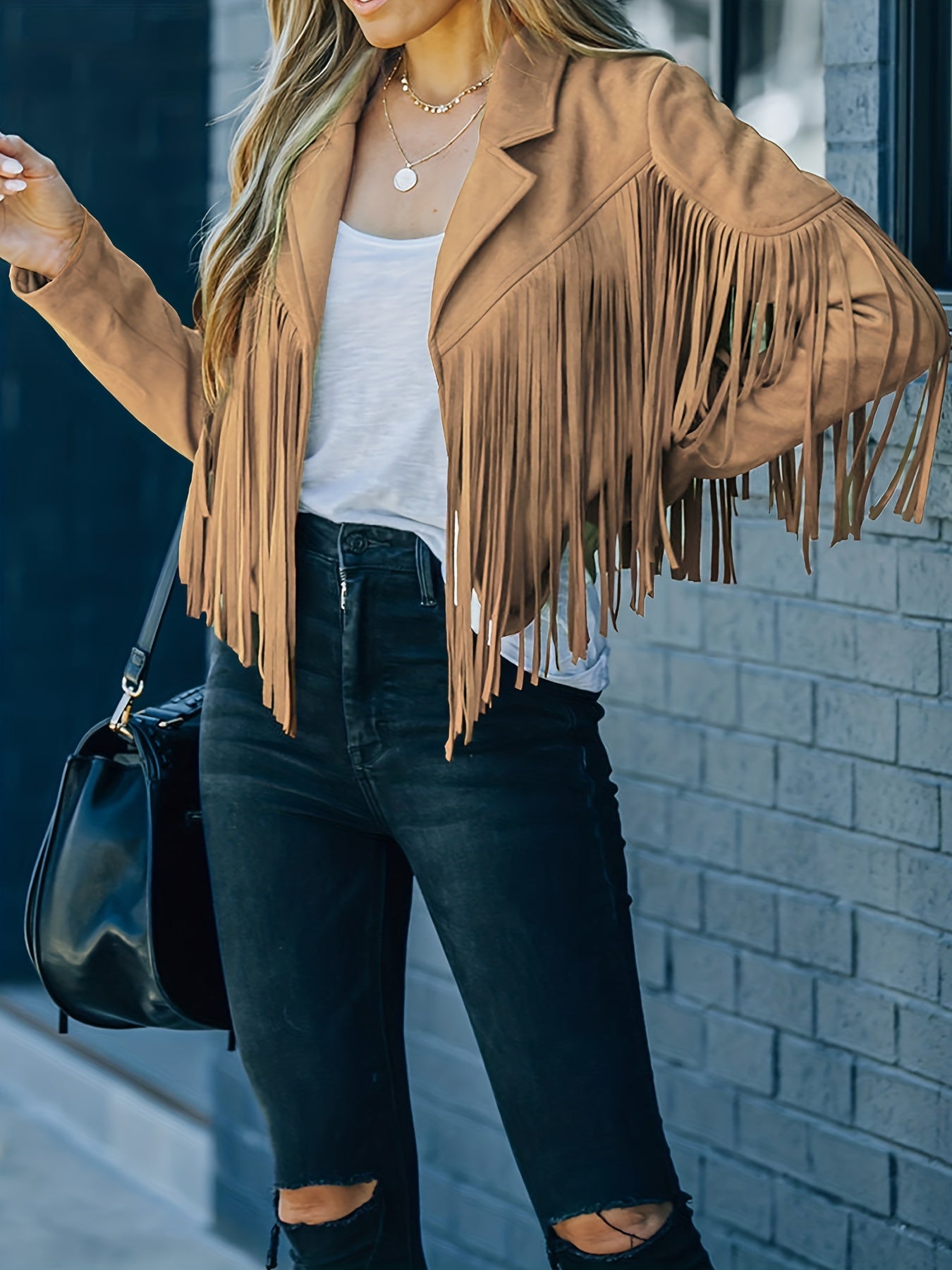Tassel Cropped Jacket Open Front Long Sleeve Outerwear