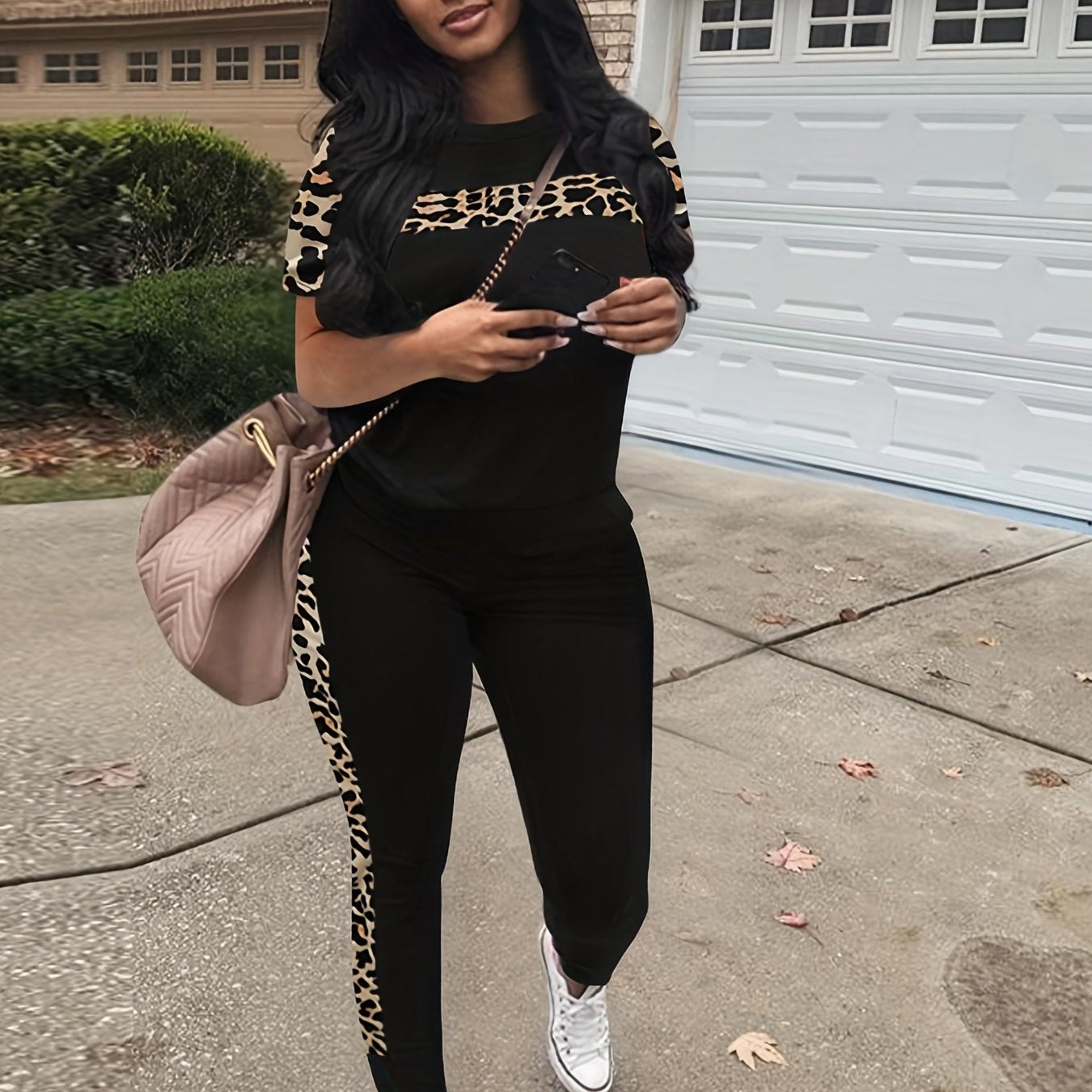 Leopard Print 2pc Set Crew Neck Tee & High Waist Pants