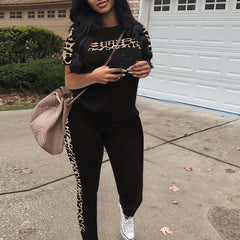 Leopard Print 2pc Set Crew Neck Tee & High Waist Pants