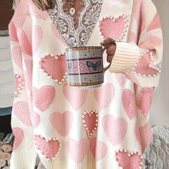 Heart Print Pearl Decor Lace Sweater