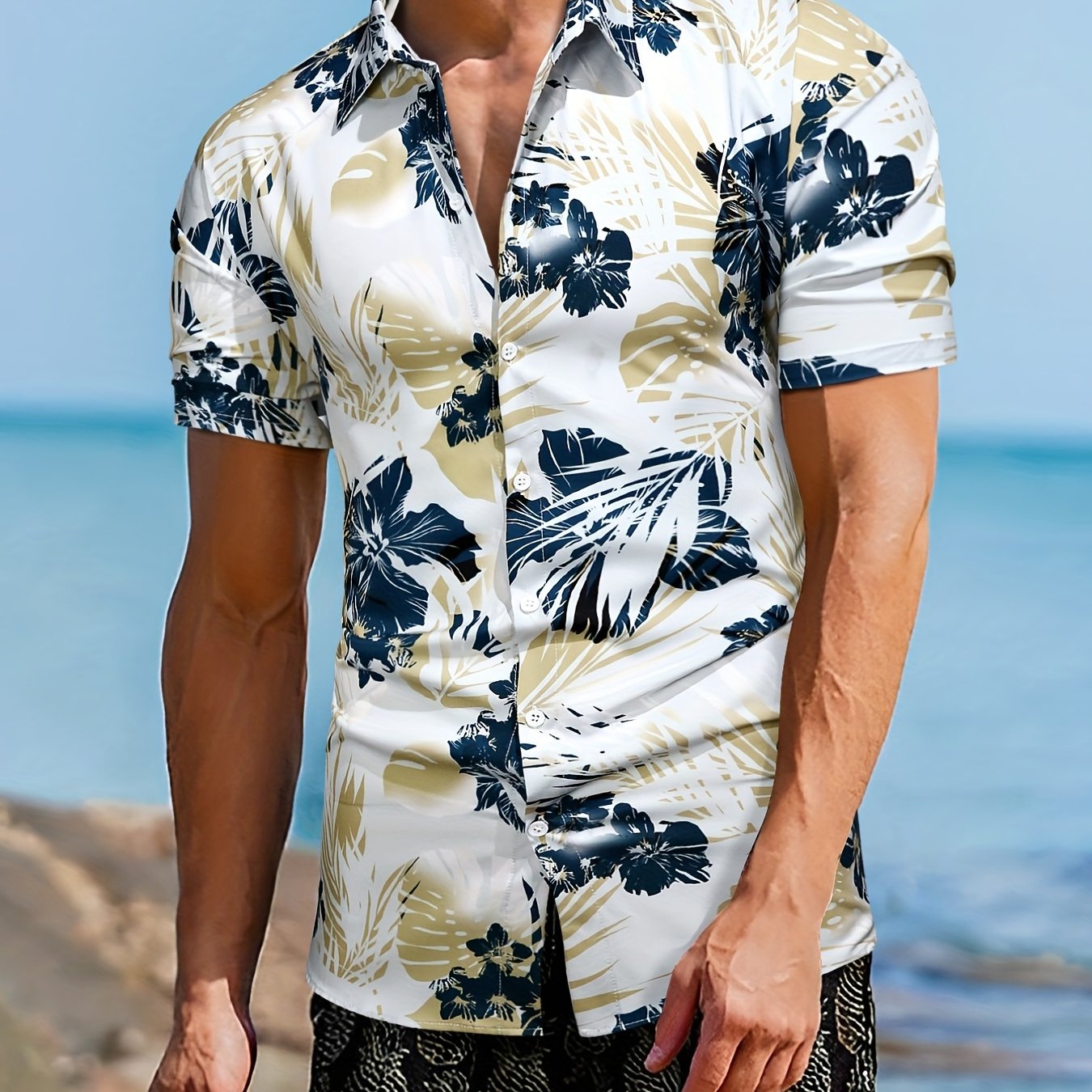 Men's Floral & Leaf Print Camp Collar Hawaiian Shirt