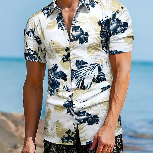 Men's Floral & Leaf Print Camp Collar Hawaiian Shirt