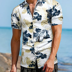 Men's Floral & Leaf Print Camp Collar Hawaiian Shirt