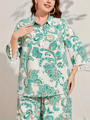 Floral Print Tassel Polo Neck Blouse & Wide Leg Pants Set