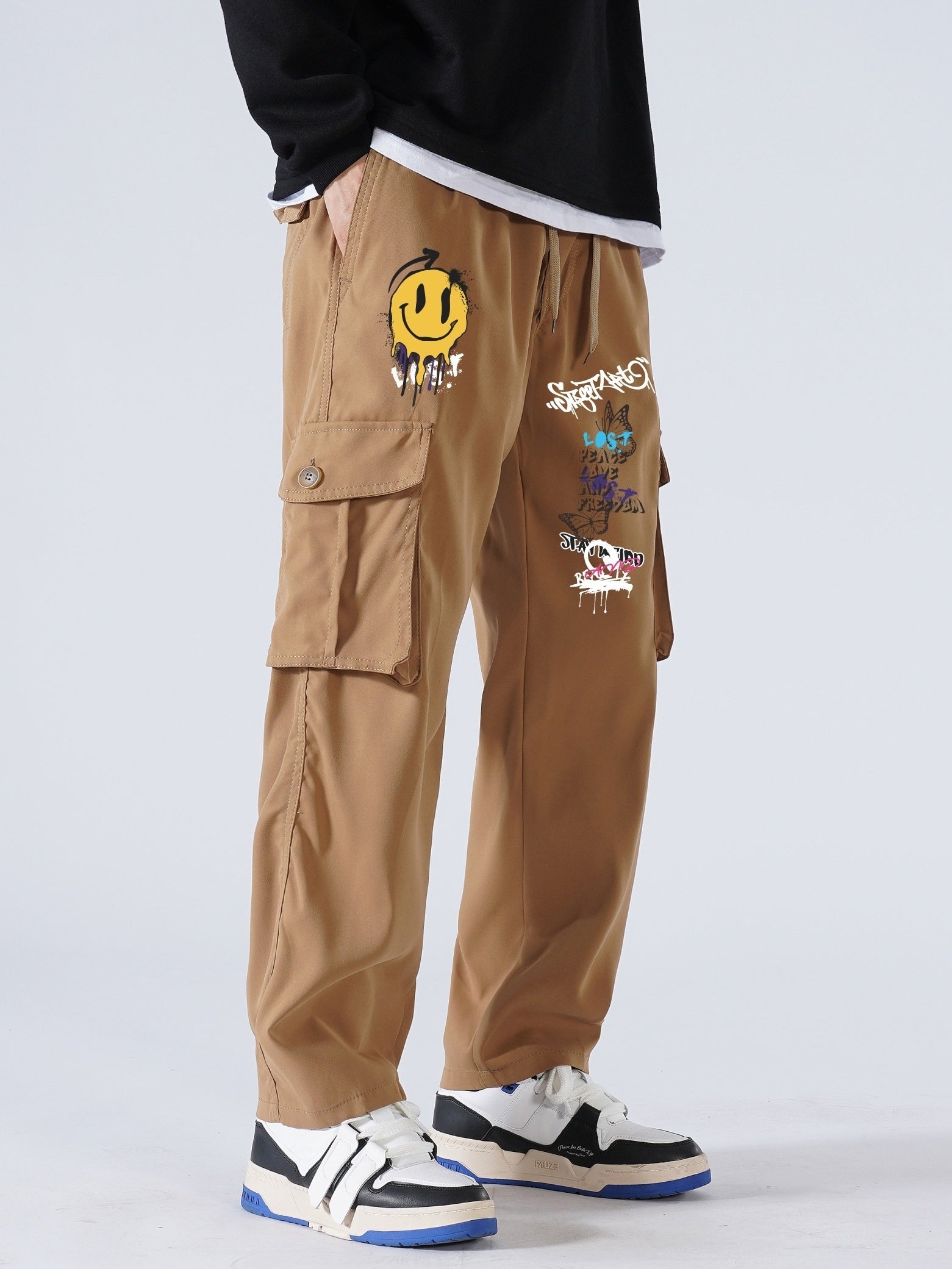 Smiling Face And Butterfly Men's Casual Cargo Pants For Spring And Fall