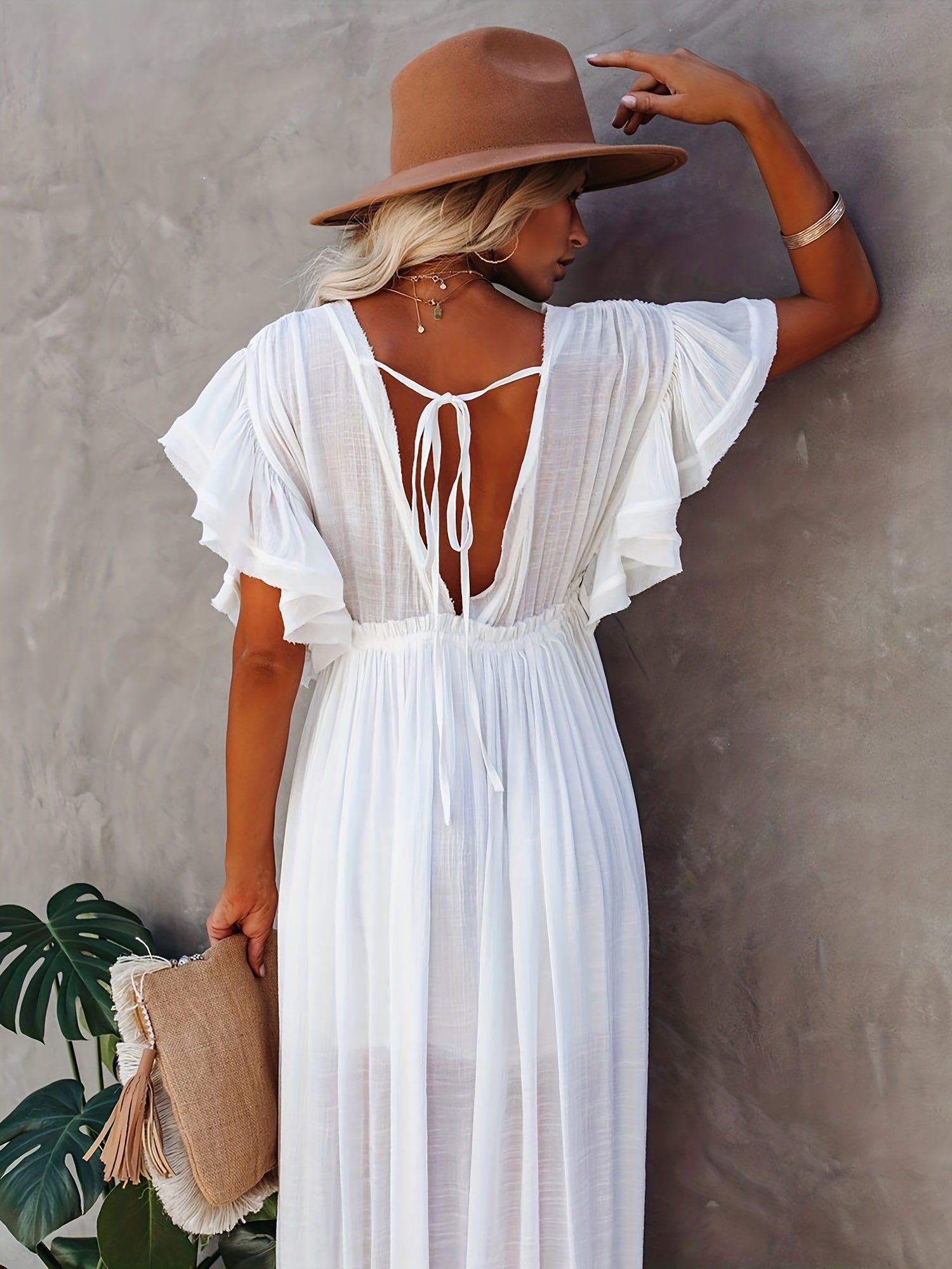 Ruffle Sleeve Beach Cover Up Dress Boho Style Tie Back Backless Kaftan