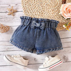 Cotton Toddler Baby Girls Washed Bow Short Jeans