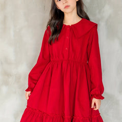 Comfy Cotton Button Long Sleeve Collar Dress Girls' Dress For Party Fall Winter