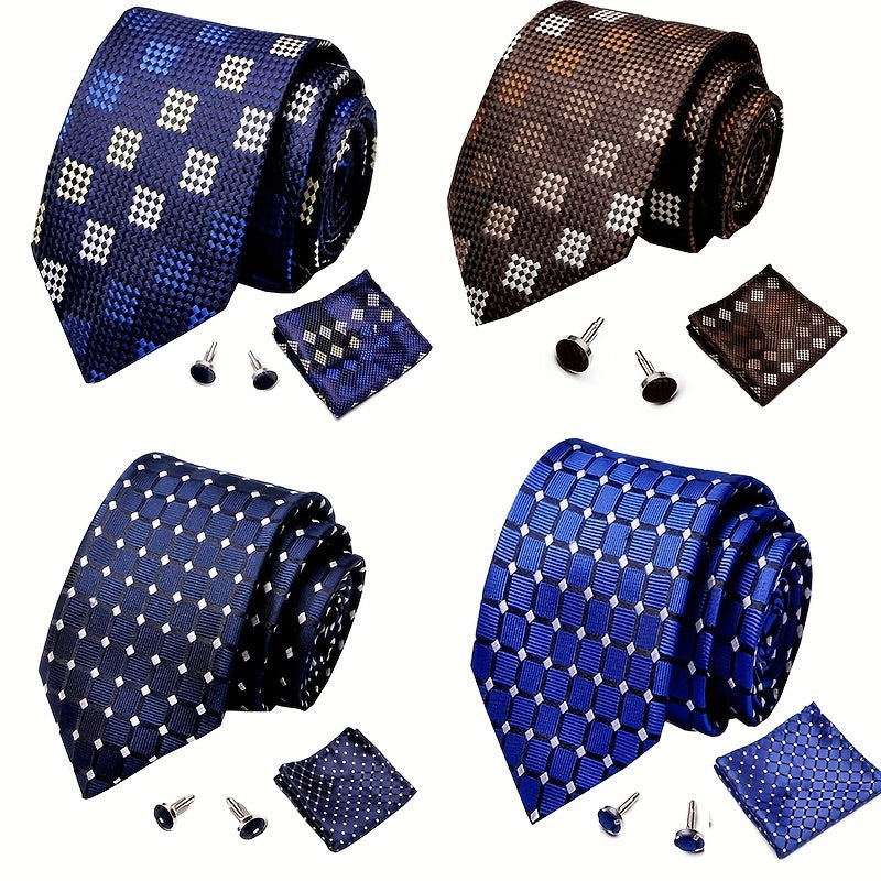 Men's Plaid Pattern Tie Pocket Scarf Cuff Set For Suits