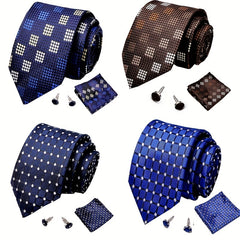 Men's Plaid Pattern Tie Pocket Scarf Cuff Set For Suits
