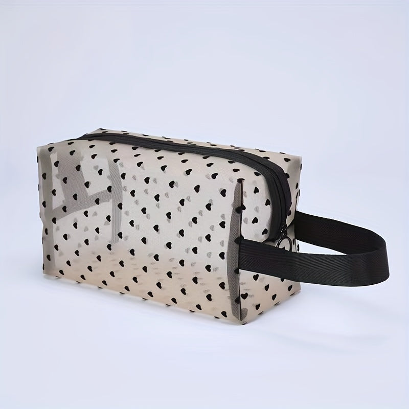 Heart Zipper Mesh Cosmetic Bag Portable Toiletry Bag For Women Girls