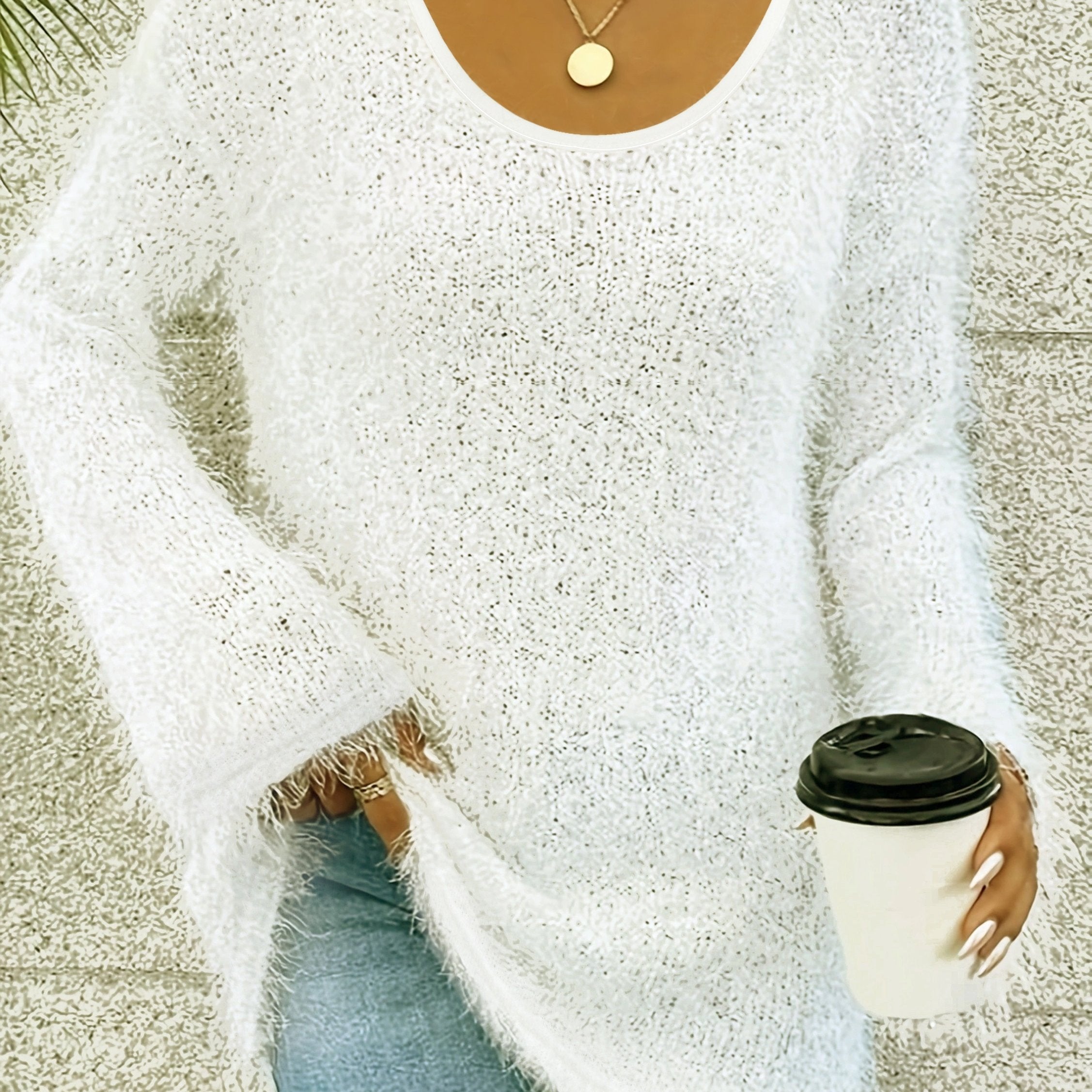 Solid Eyelash Long Sleeve Round Neck Jumper