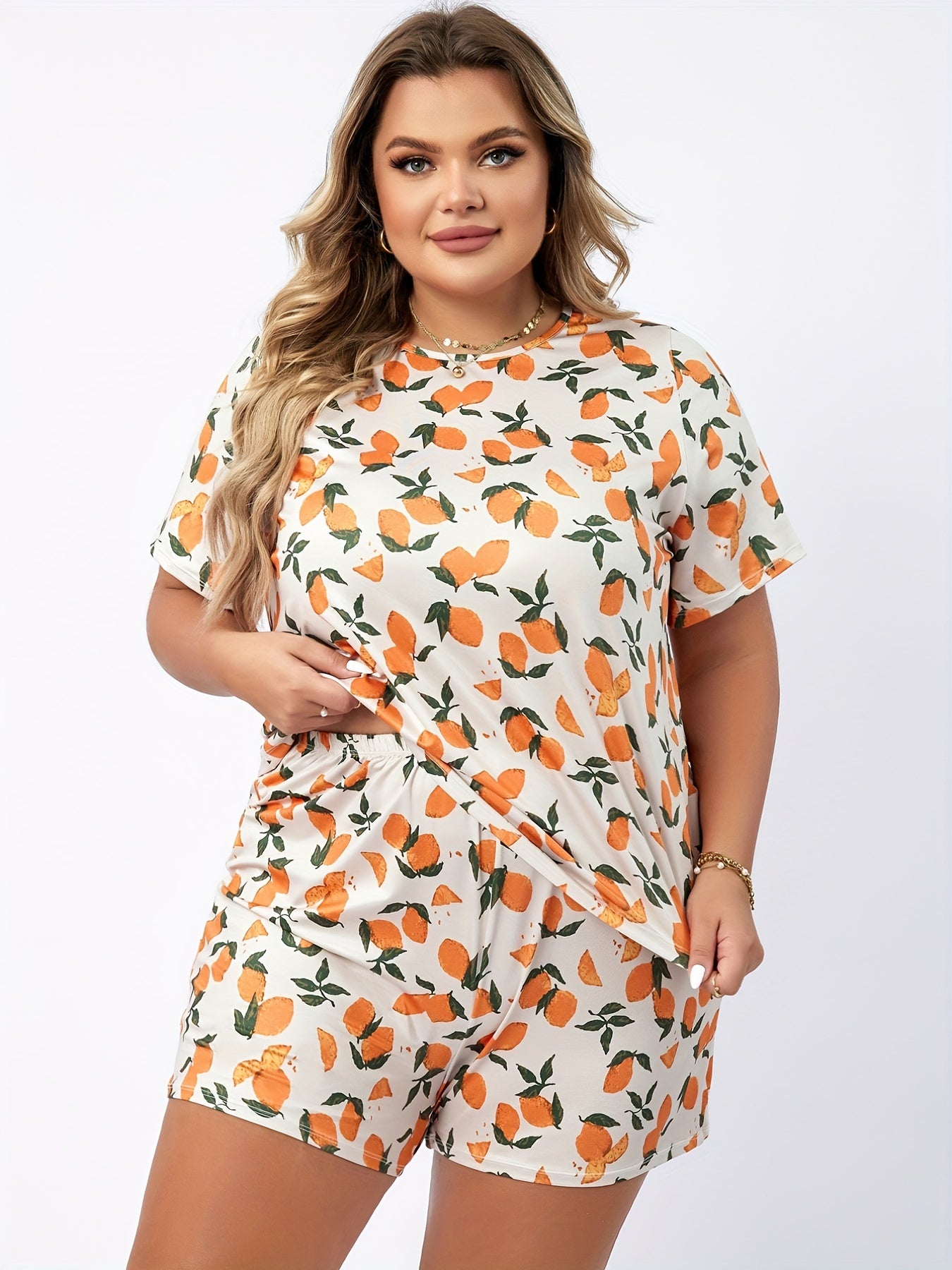 Orange Print Tee & Shorts Pajama Set