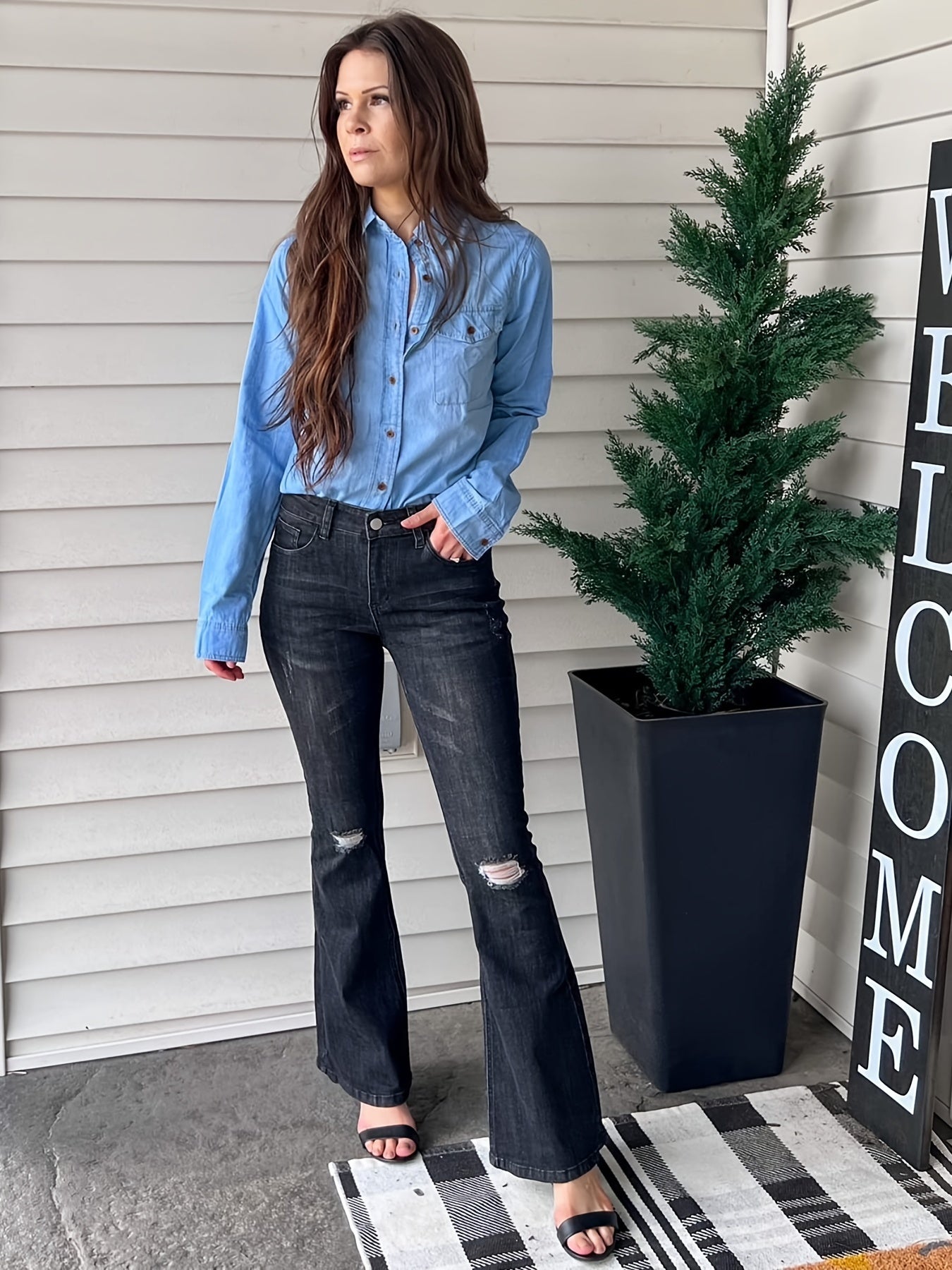 Ripped Holes Flared Jeans Bell Bottom High Waist Wide Legs High Rise Denim Pants