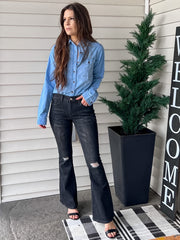 Ripped Holes Flared Jeans Bell Bottom High Waist Wide Legs High Rise Denim Pants