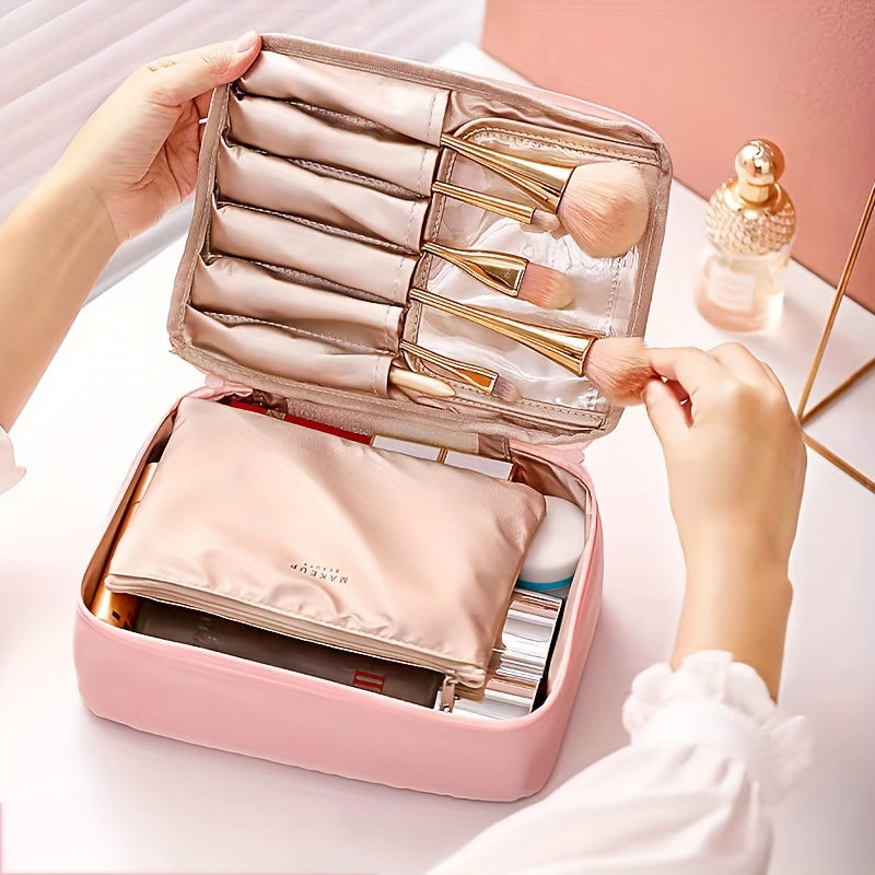 Large Capacity Travel Makeup Bag with Handle & Brush Holder
