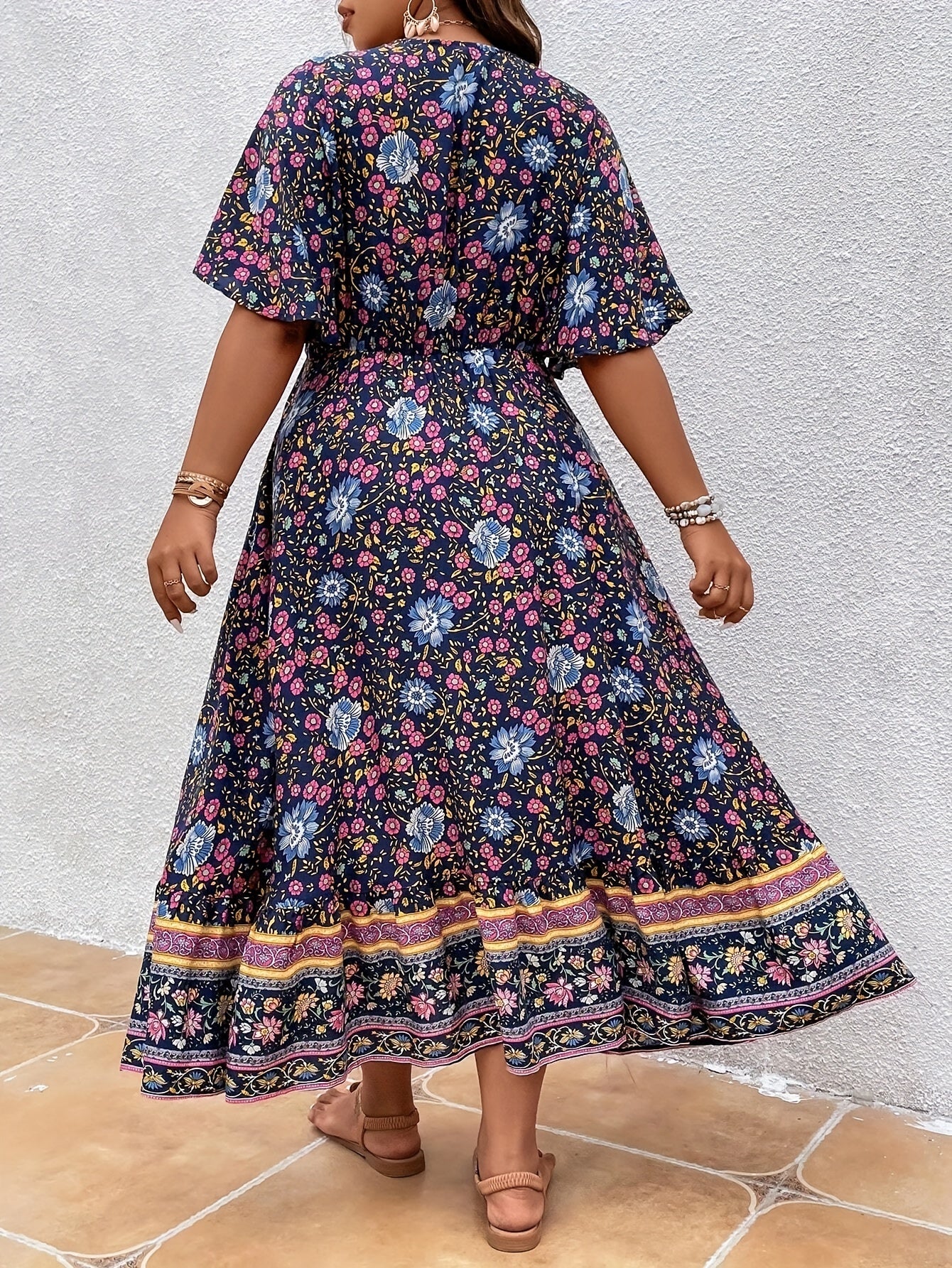 Boho Dress Women's Plus Floral Print Short Sleeve Dress