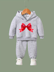 Girls 2pc Hooded Sweatshirt & Sweatpants Set Cartoon Bowknot Pattern Long Sleeve