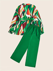 Geo Print Button Front Blouse & Solid Wide Leg Pants Set