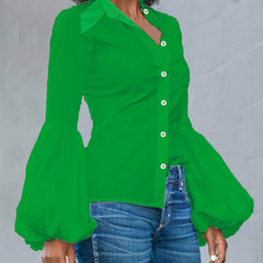 Solid Button Up Lantern Sleeve Blouse