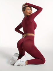 Women's Yoga Sports Suits Seamless Stretchy Fitness Long Sleeve Top & Leggings